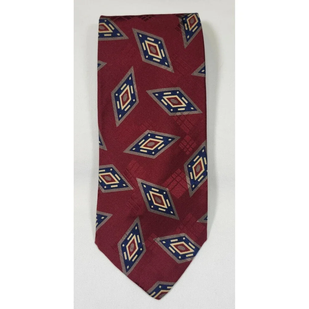 Vintage Abercrombie & Fitch Italian Silk Tie Red Gold Diamond Geometric Evil Eye